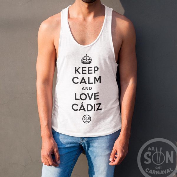 camiseta de tirantes Keep calm love and Cádiz blanca