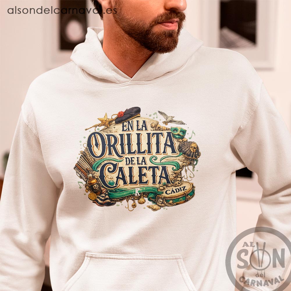sudadera en la orillita de la caleta con gorro blanca